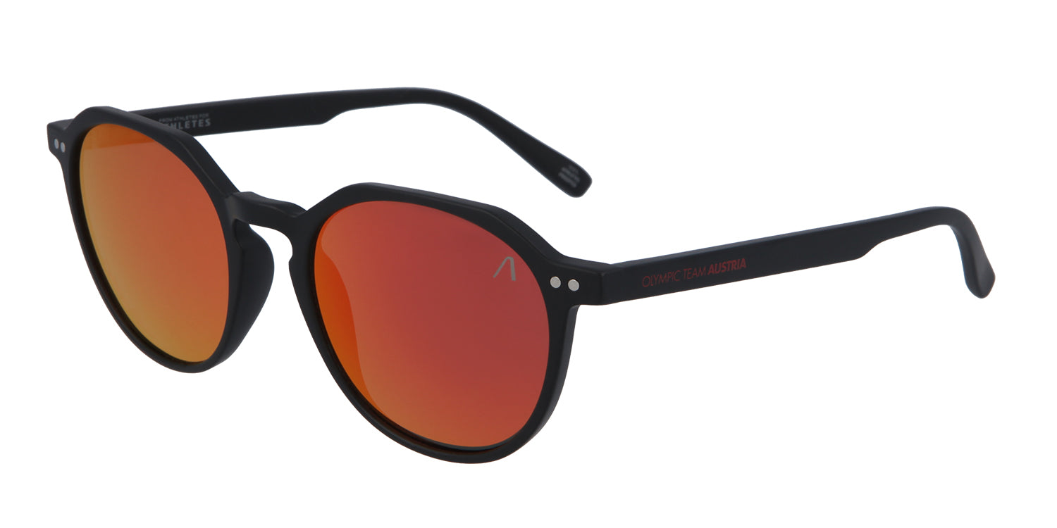 Lunettes de soleil noires Olympic Edition avec verres rouge-orange, vue de face et de côté